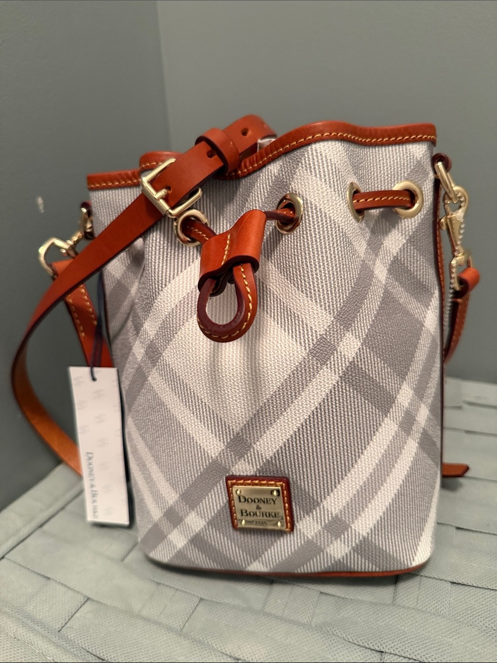 Dooney & Bourke Small Grey Plaid Bucket Crossbody with Brown Leather Trim - Picture 3 of 7